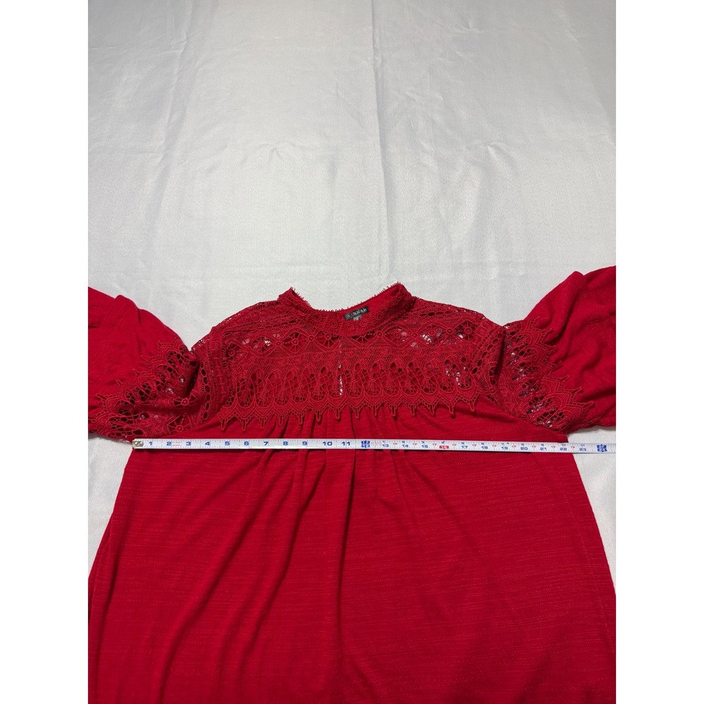 Hannah Red Crochet Lace Yoke Tiered Bell Sleeve Blouse Top L Boho Hippie Chic - Picture 4 of 6